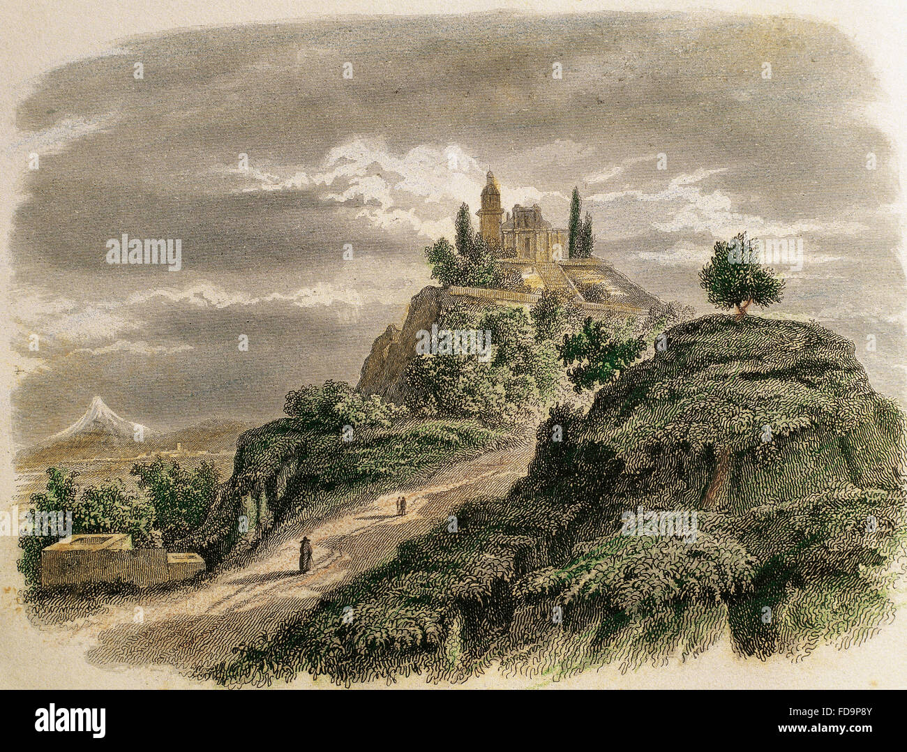 Mexico. Cholula. Nuestra Senora de los Remedios sanctuary on top of ancient Great Pyramid or Tlachihualtepetl. Engraving, 1850. Colored. Stock Photo