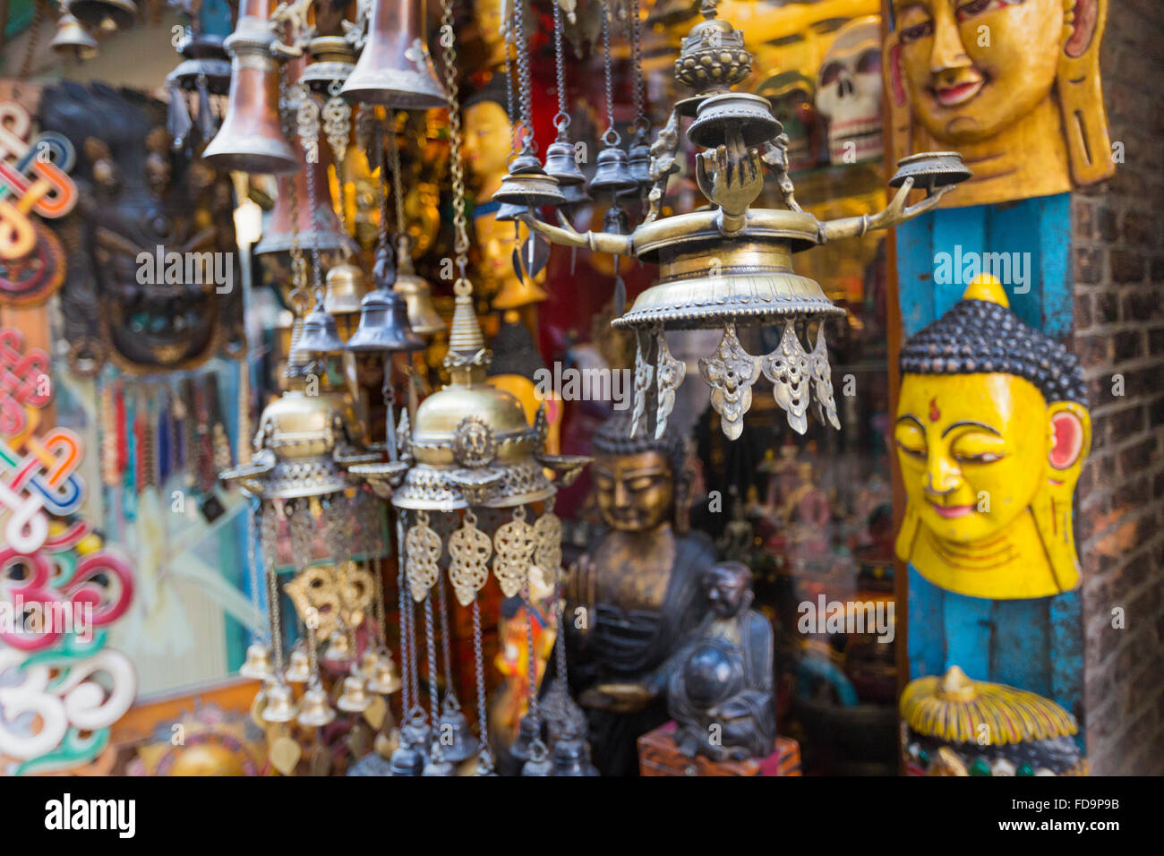 Masks, dolls and souvenirs in street shop at Durbar Square in Kathmandu, Nepal. Stock Photo