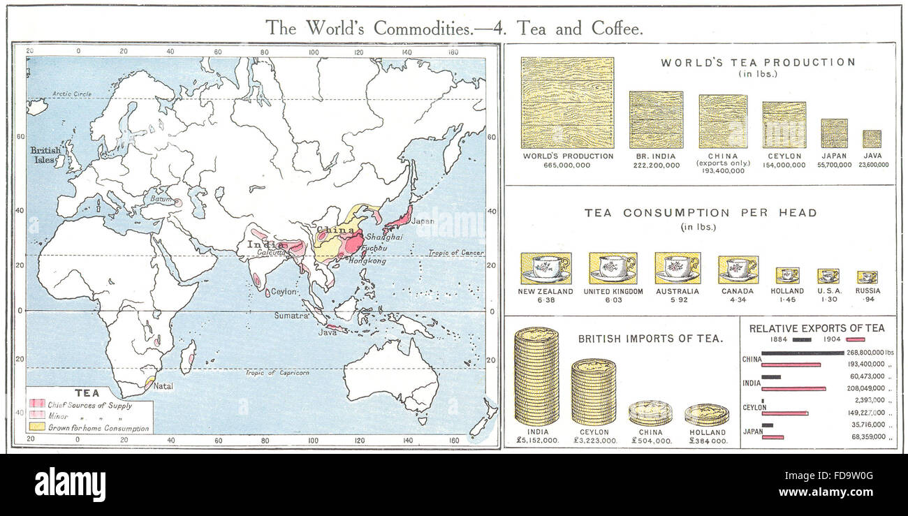 WORLD Commodities Production & sources of Tea  1907 old antique map chart 