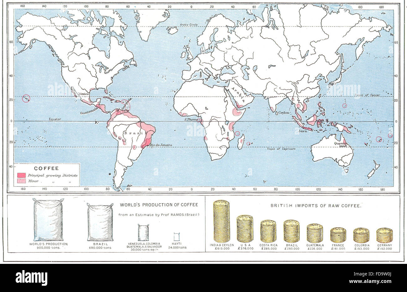 WORLD: Commodities - Production & sources of Coffee, 1907 antique map Stock Photo
