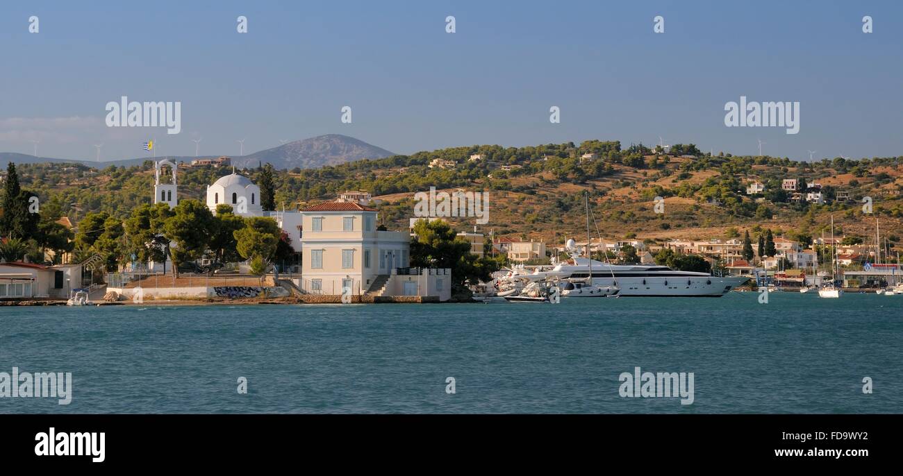 Porto Cheli town and harbour viewed from the sea, Argolis, Peloponnese, Greece. Stock Photo