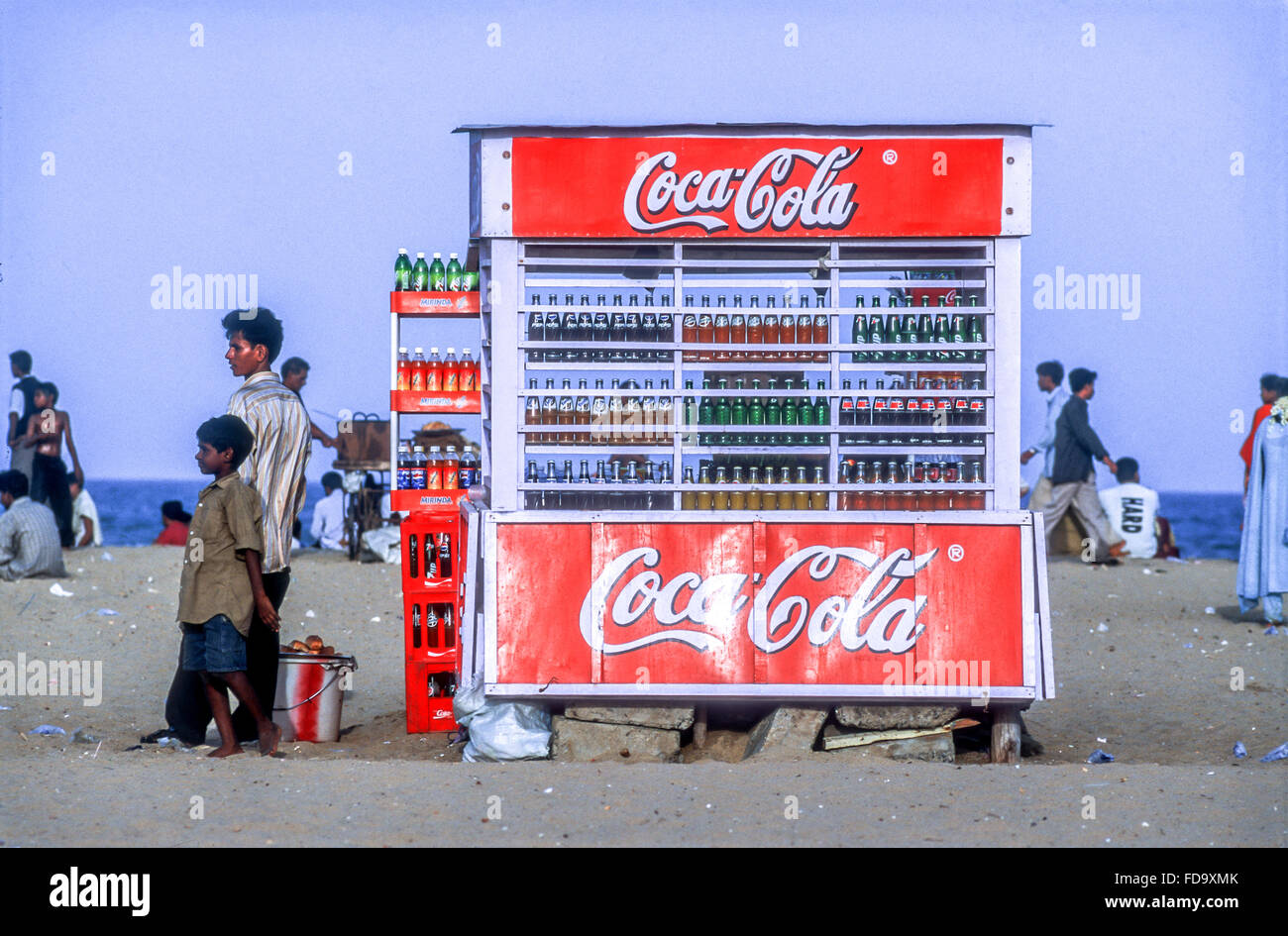 Softdrink vendors on the beach at Chennai, or Madras, Tamil Nadu Stock