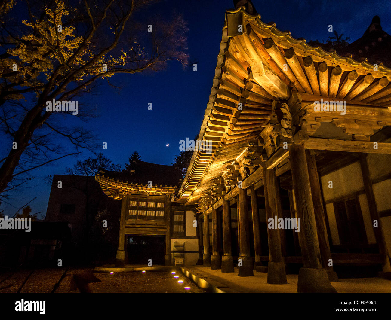 Hanok by moonlight - Traditional Korean building at night Stock Photo