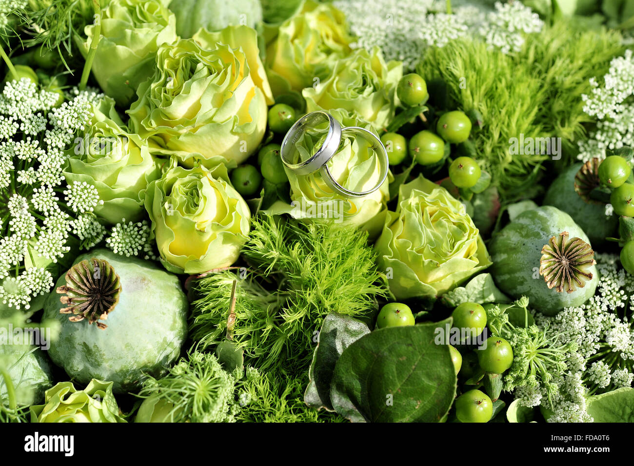 Oldenburg, Germany, Engagement rings in a floral arrangement Stock