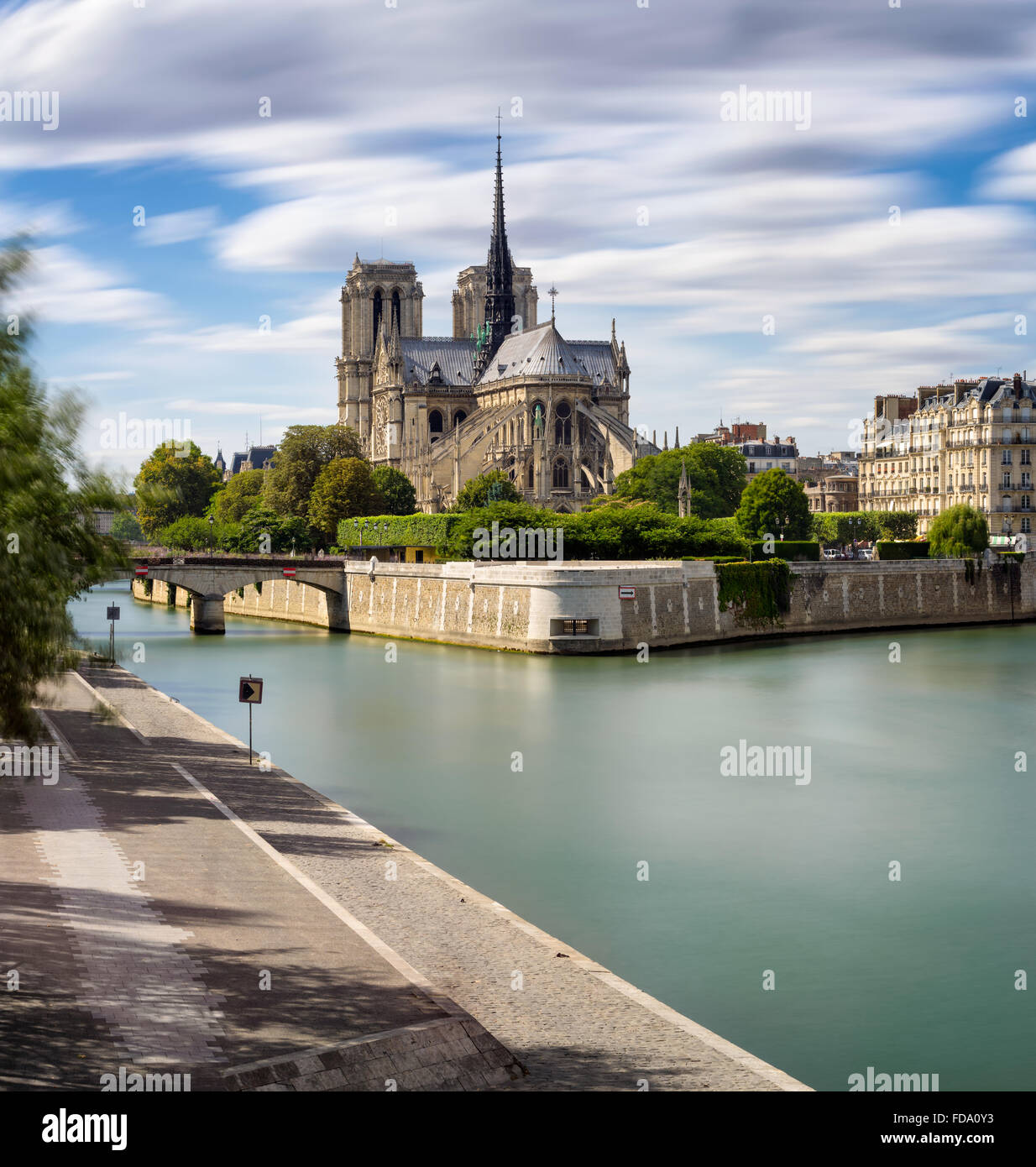 Notre Dame Cathedral (French Gothic architecture) and the Seine River on Ile de La Cite (4th Arrondissement), Paris, France Stock Photo