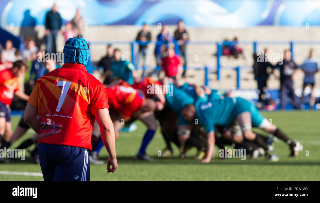 Arriva Trains Wales and Network Rail scrummage with the impact of two trains. Focus on player in the foreground. Stock Photo