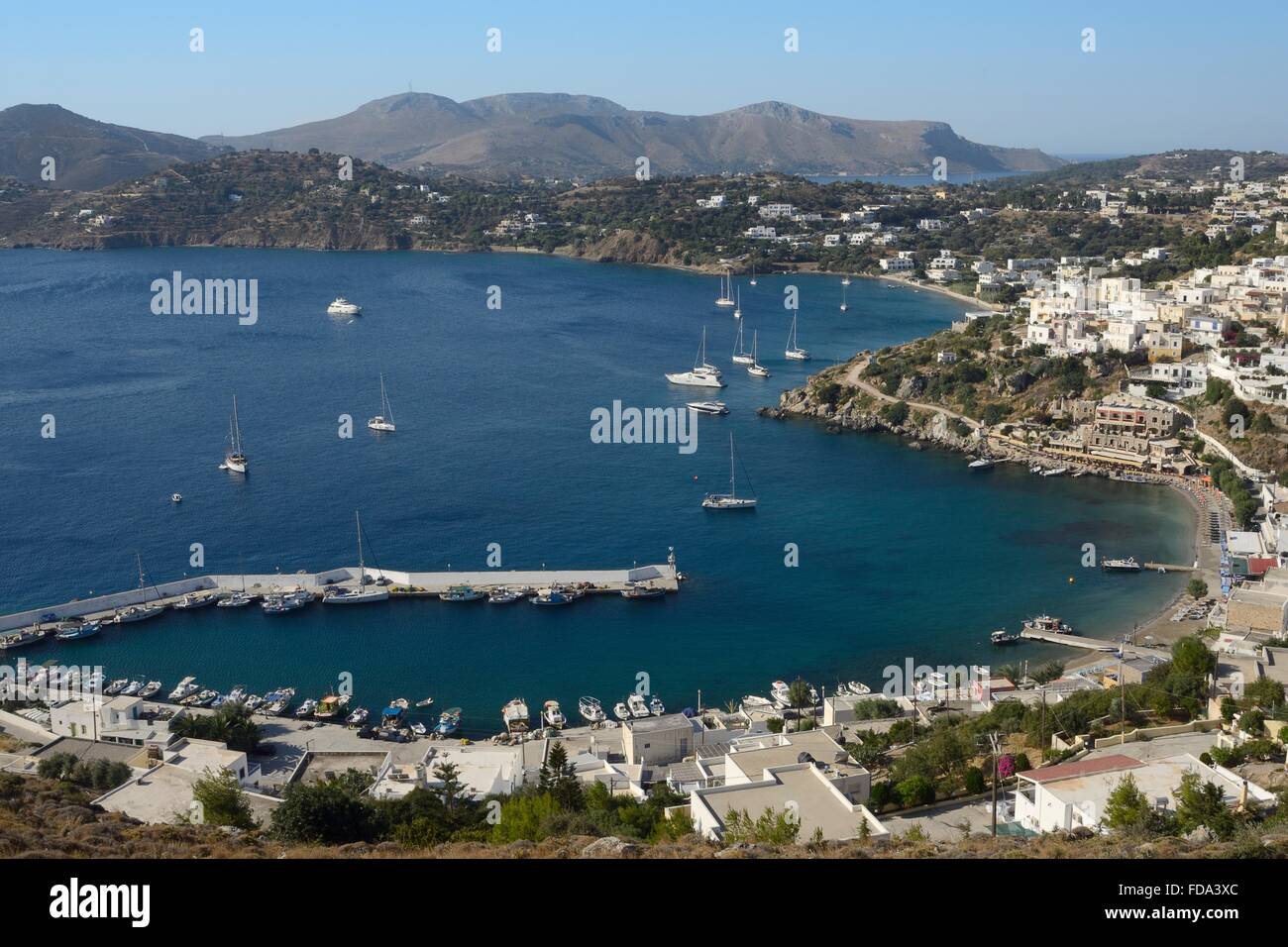 Overview of Panteli harbour and village, Leros, Dodecanese Islands, Greece. Stock Photo