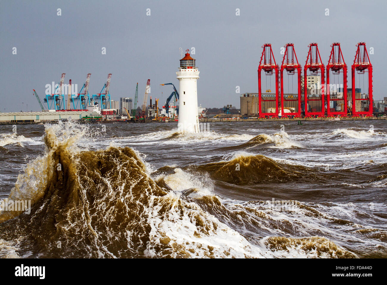 New Brighton, Wirral, UK 29th January, 2016.  UK Weather.  High winds and rough seas coastline, seascape, shore at Merseyside being experienced in the River Mersey Estuary near the Fort Perch Lighthouse. Stock Photo