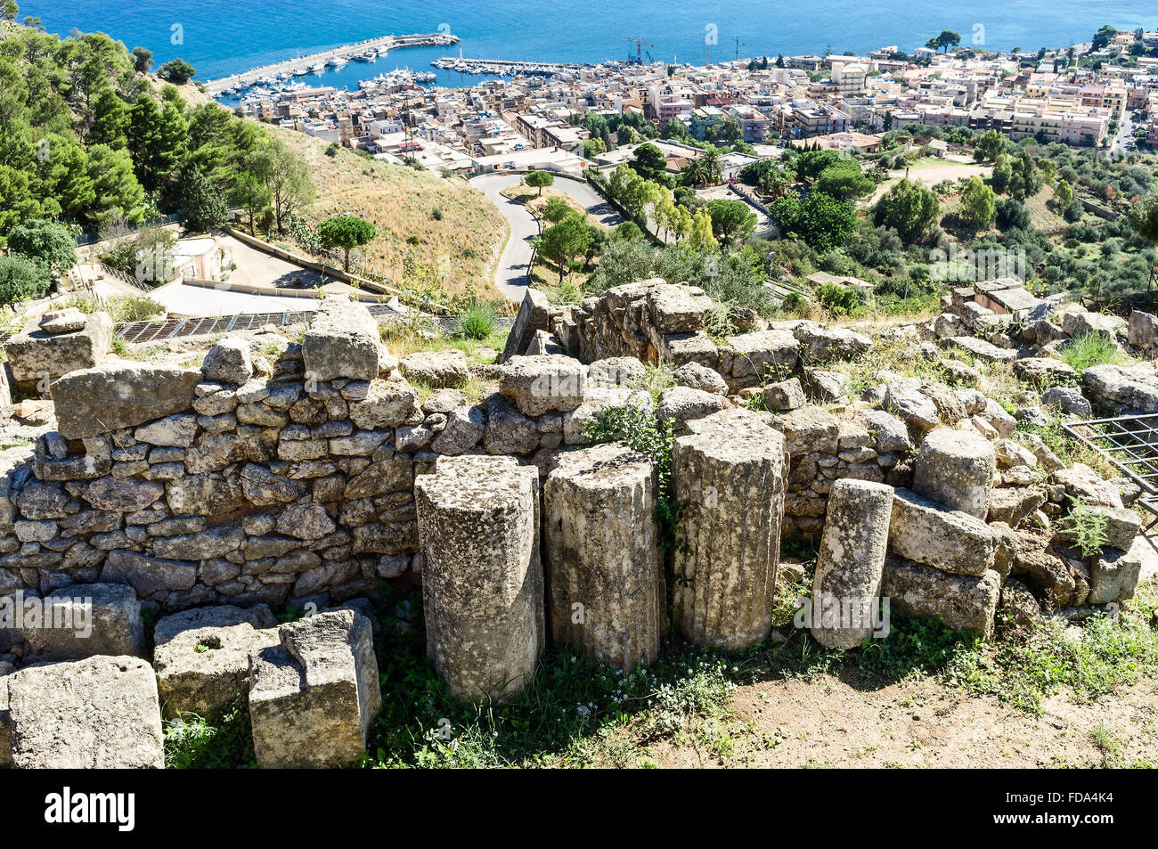 Archaeological Greco-Roman site of Solunto in Sicily, Italy and coastal fishing village Stock Photo