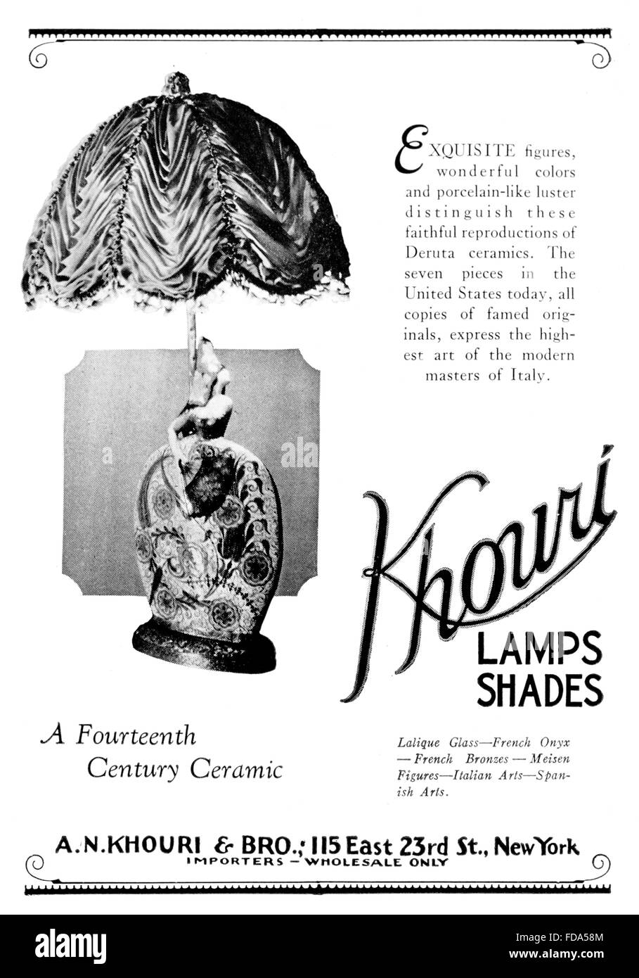 Khouri Deruta Ceramic Lamps and Shades Advertisement from 1926 International Studio Magazine Stock Photo