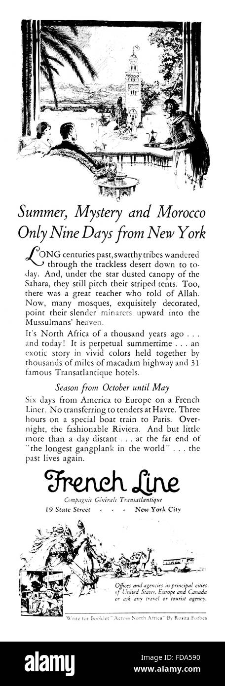 French Line Morocco holidays travel Advertisement from 1926 International Studio Magazine Stock Photo