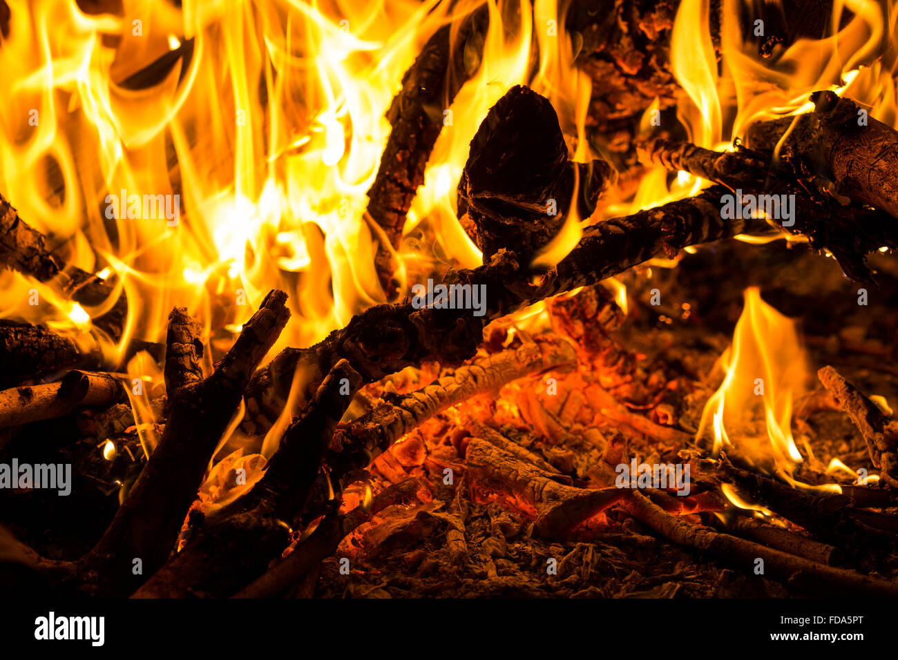 Closeup of a wood fire with flames burning logs and branches