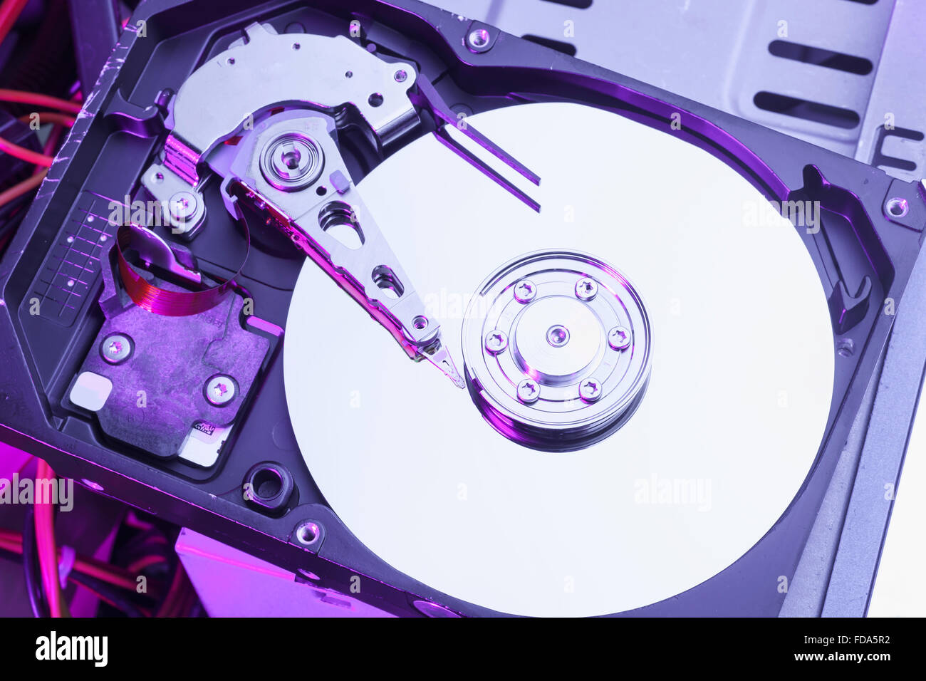 Top view of hard disk drive disassembled Stock Photo