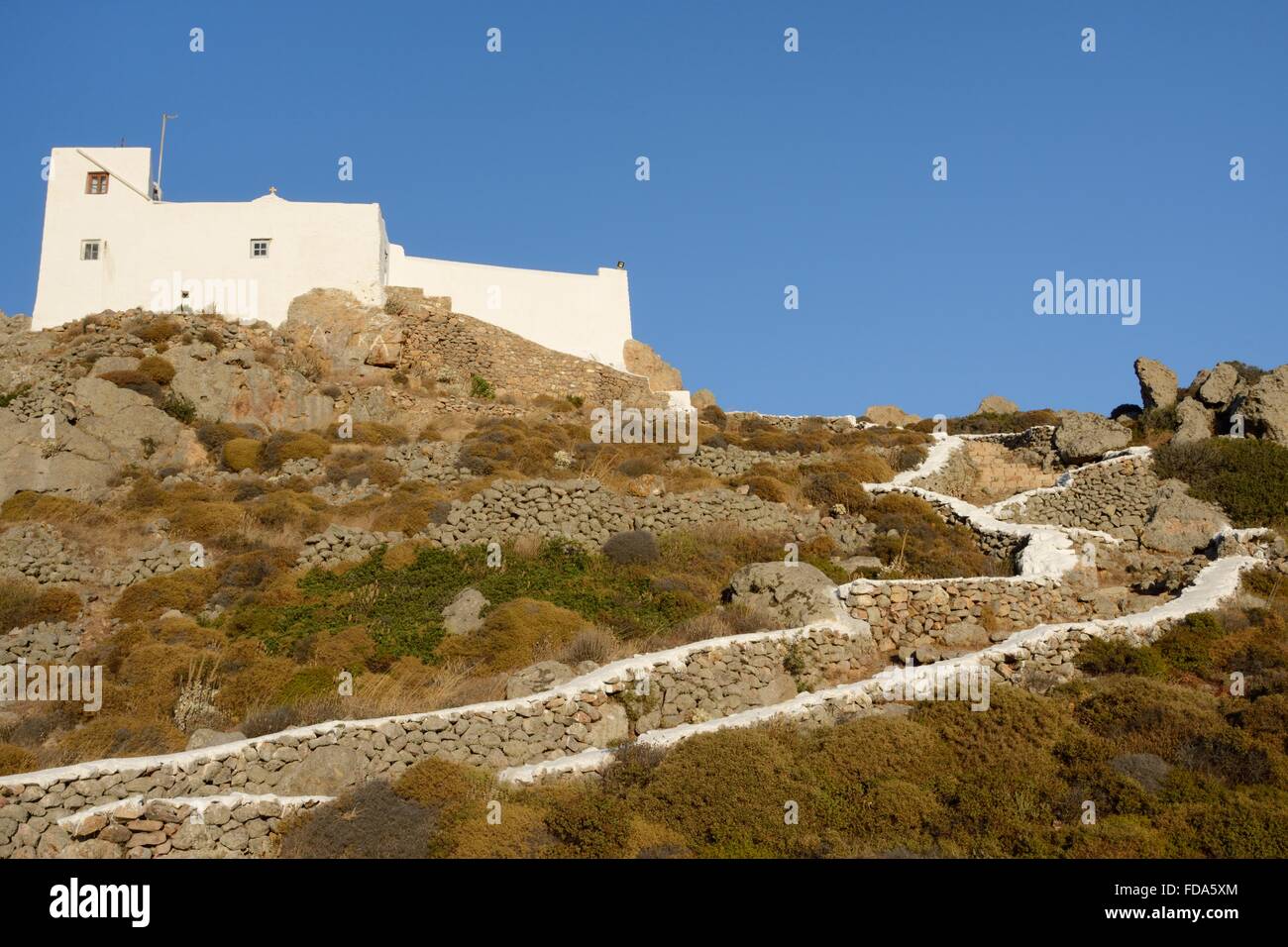 Chapel of Profitis Ilias on the summit of the highest mountain on Patmos, Dodecanese Islands, Greece. Stock Photo