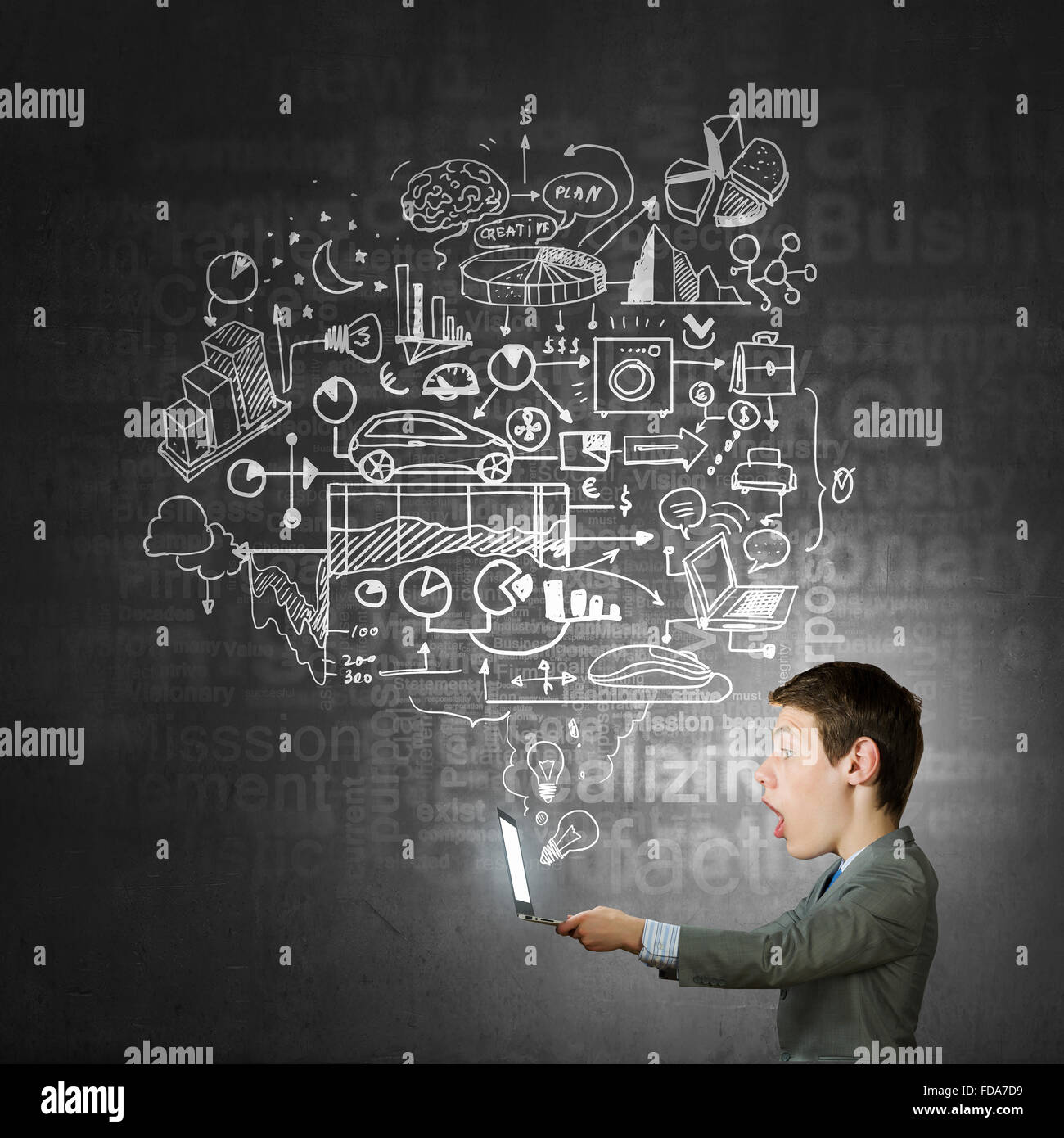 Young man with big head looking in laptop screen with shock Stock Photo ...