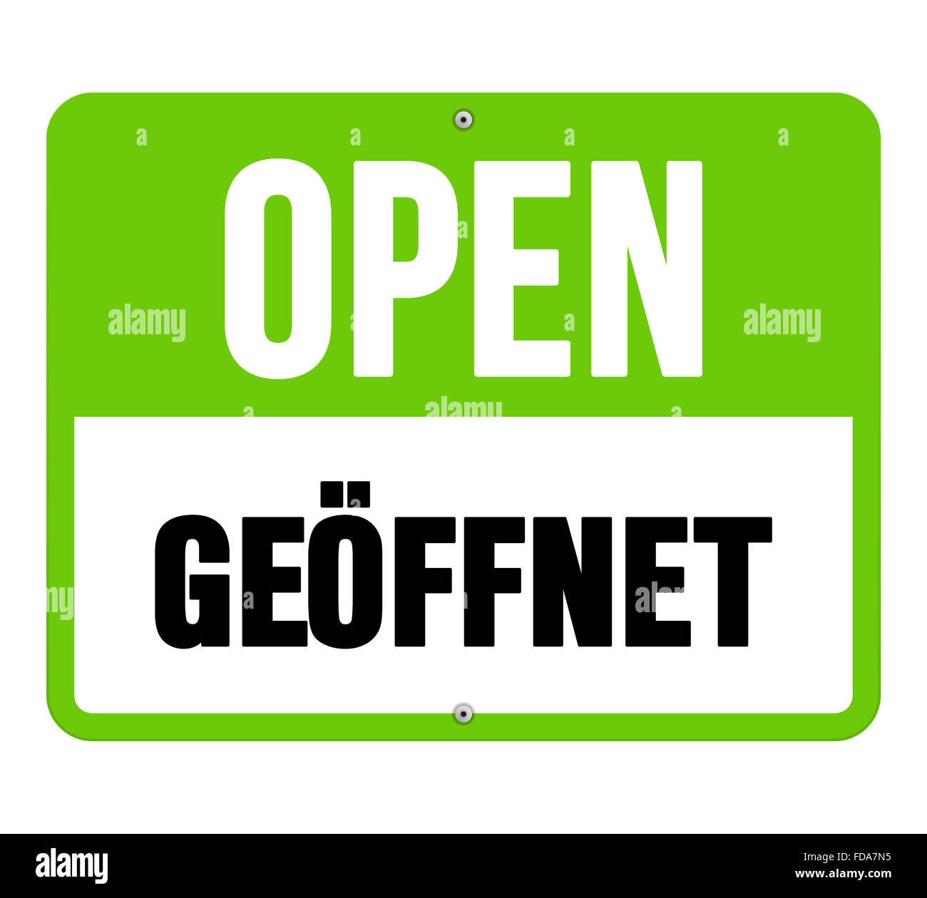 Geoffnet sign in black and green Stock Photo