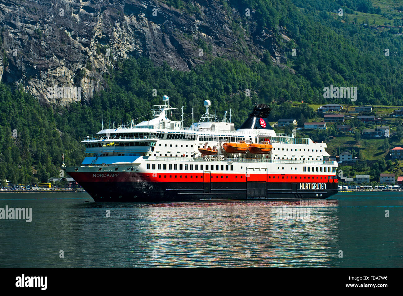 Cruise ship MS Nordkapp, shipping company Hurtigruten AS, Geirangerfjord, Geiranger, Norway Stock Photo