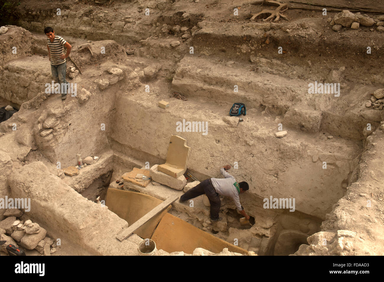 Archaeologists work in the recently discovered Mayan city of Mirador, Petén, Guatemala. In this city has been found recently a v Stock Photo