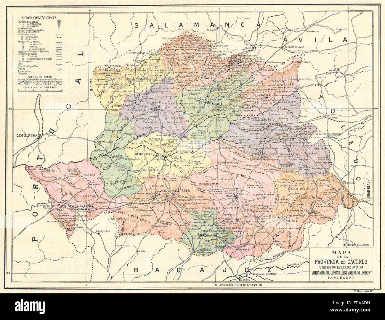 SPAIN: Mapa de la Provincia de Caceres, 1913 Stock Photo