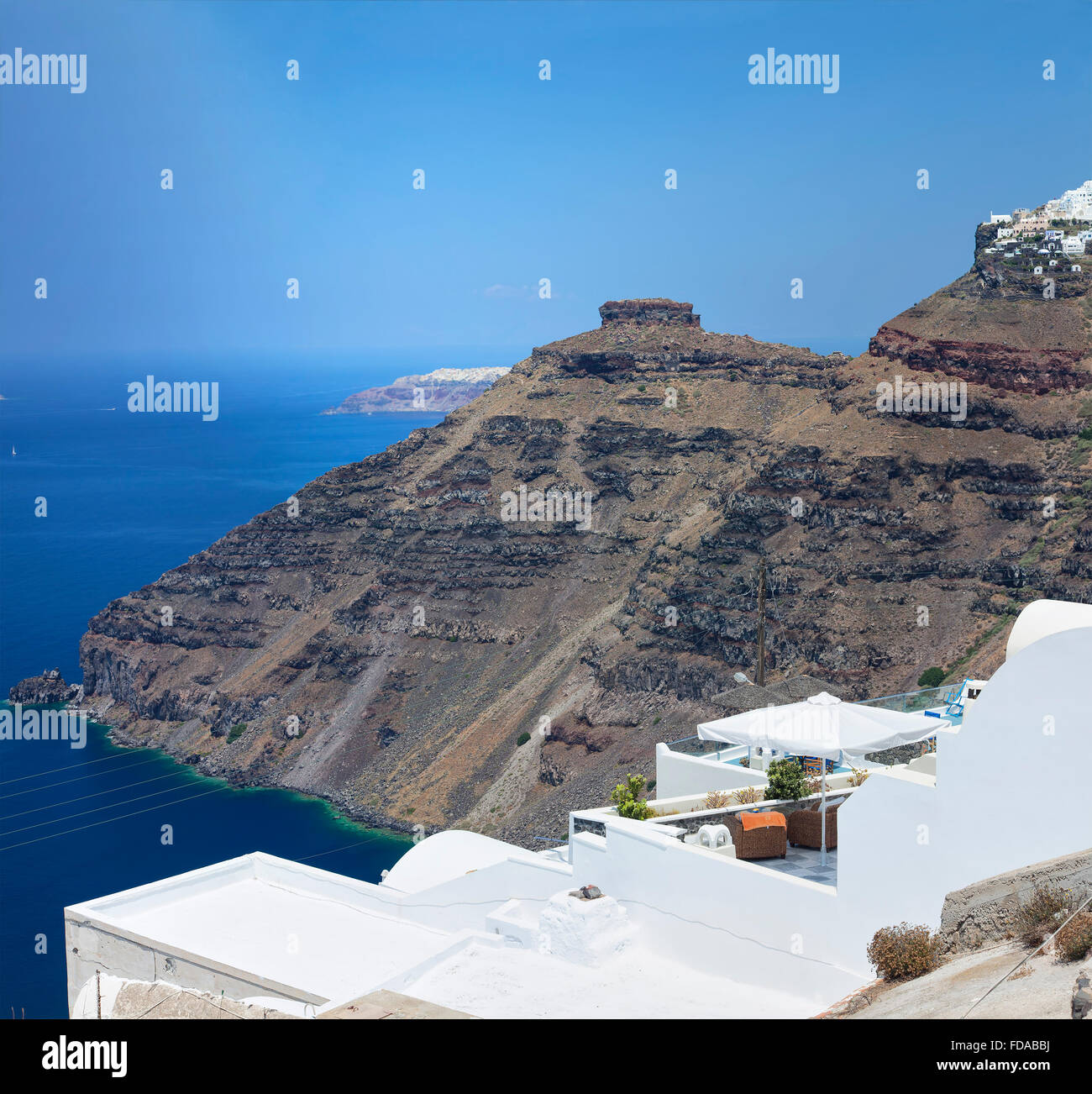 View of the caldera and Skaros. Santorini, Greece. Stock Photo