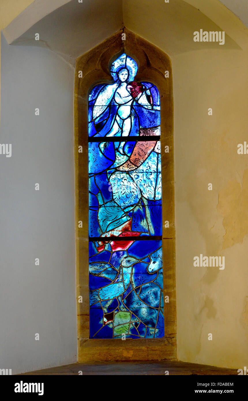 Tudeley, Tonbridge, Kent, UK. All Saints Church. Stained Glass Window by Marc Chagall - angel Stock Photo