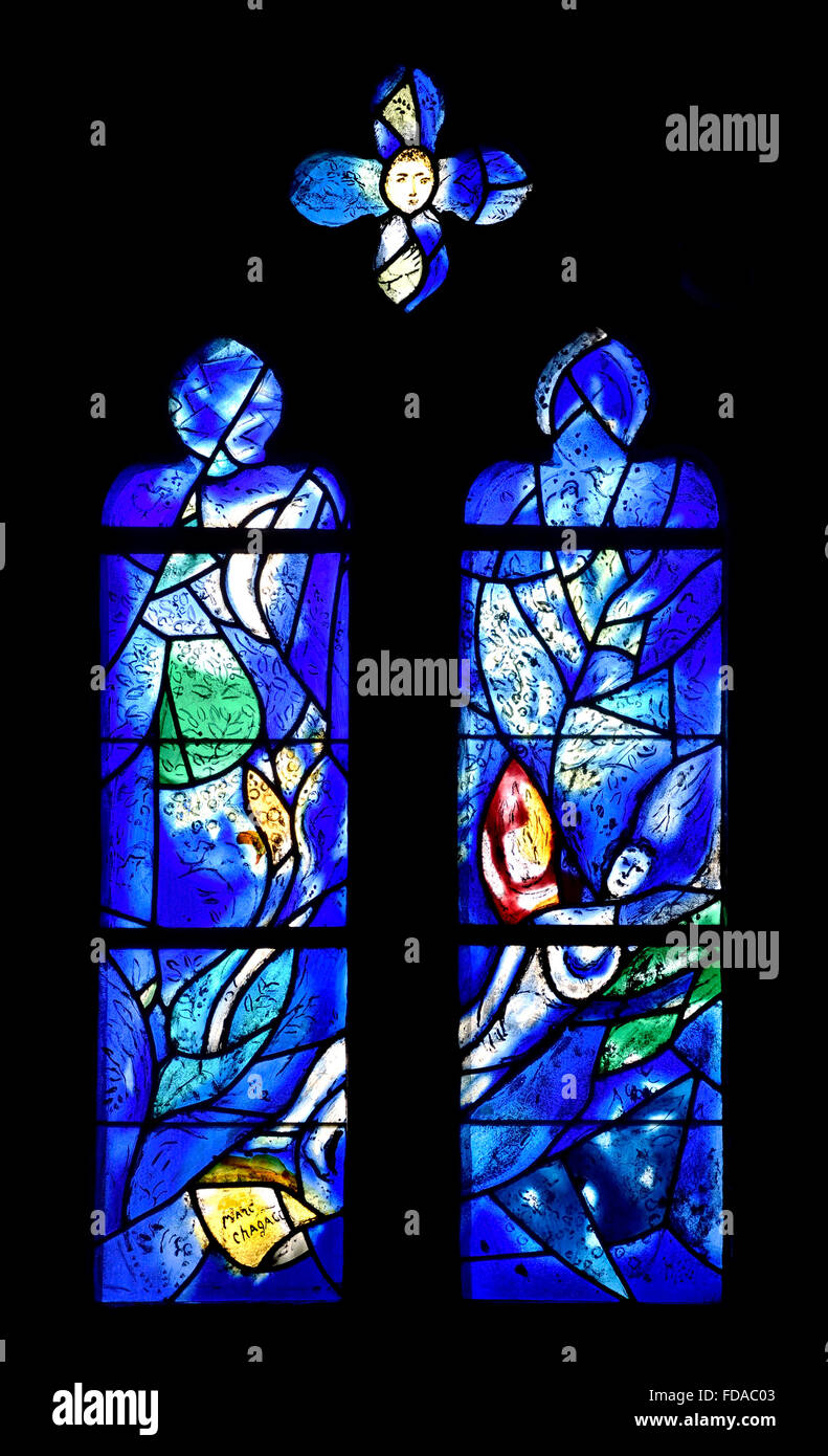 Tudeley, Tonbridge, Kent, UK. All Saints Church. Stained Glass Window by Marc Chagall - angel Stock Photo
