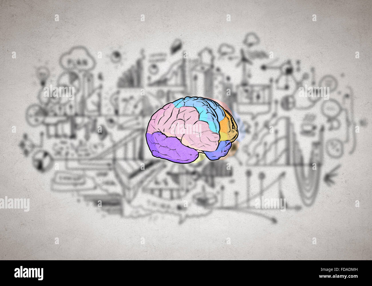 Sketch of human brain and business ideas and strategy on white ...