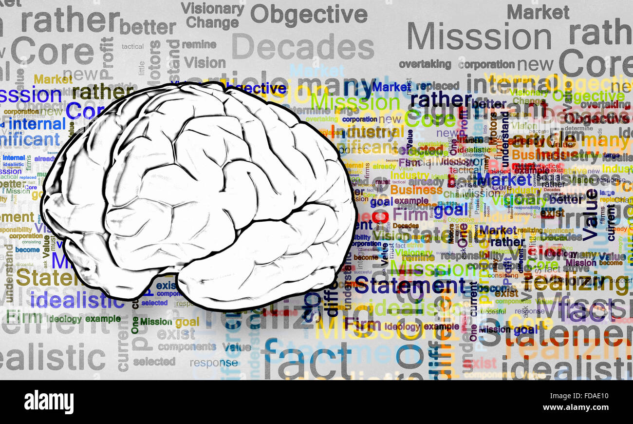 Sketch of human brain and business ideas and strategy on white ...