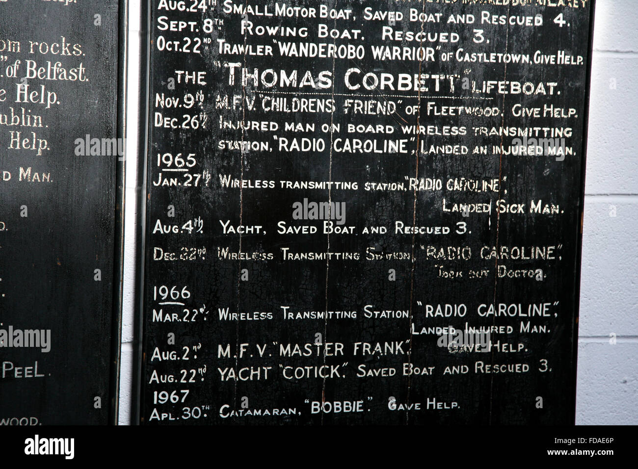 Part of wall mounted record of 'shouts' for Lifeboat, Ramsey Lifeboat Station, Isle of Man Stock Photo