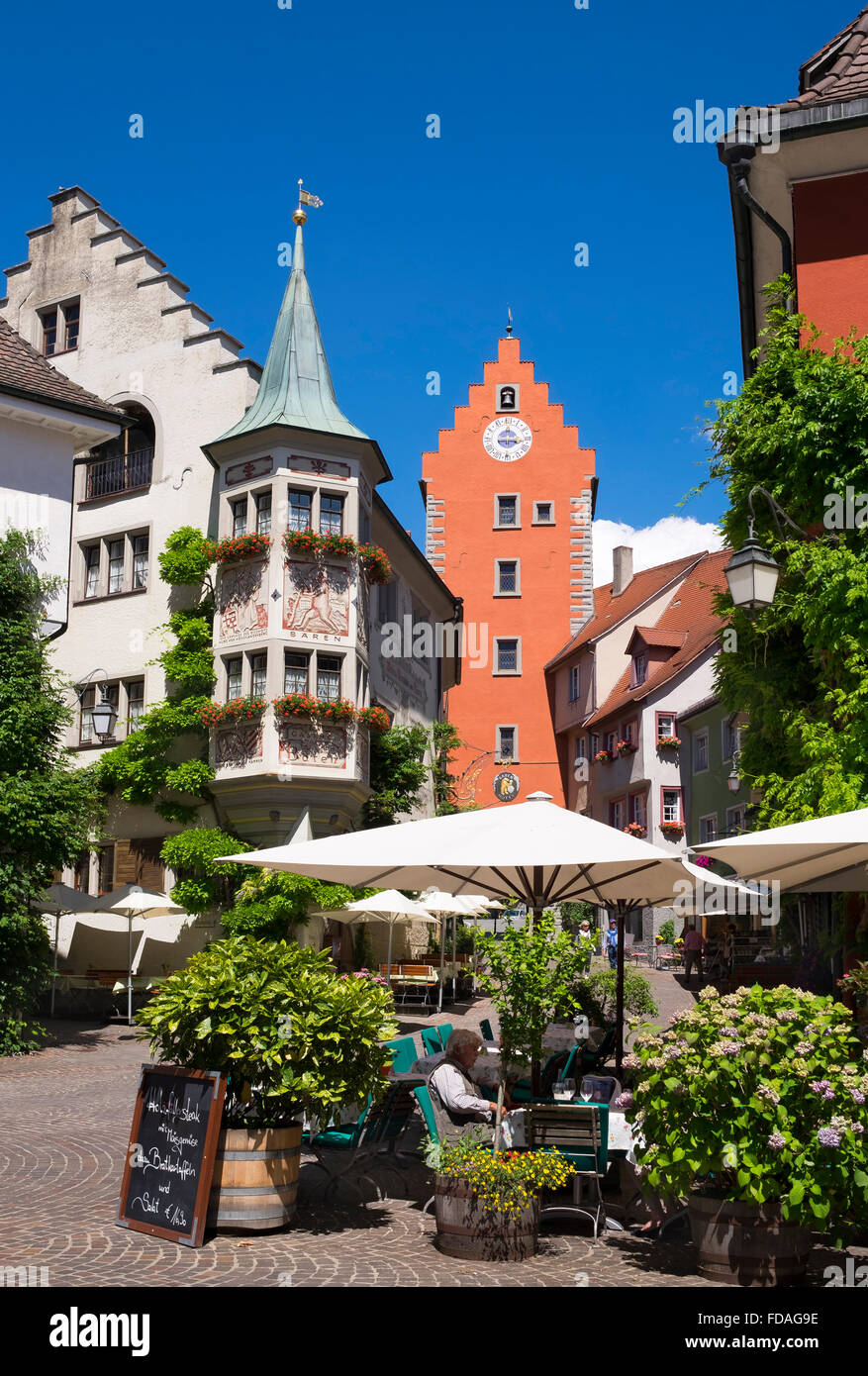 Marketplace, clock tower, Meersburg on Lake Constance, Bodenseekreis, Upper Swabia, Baden-Württemberg, Germany Stock Photo