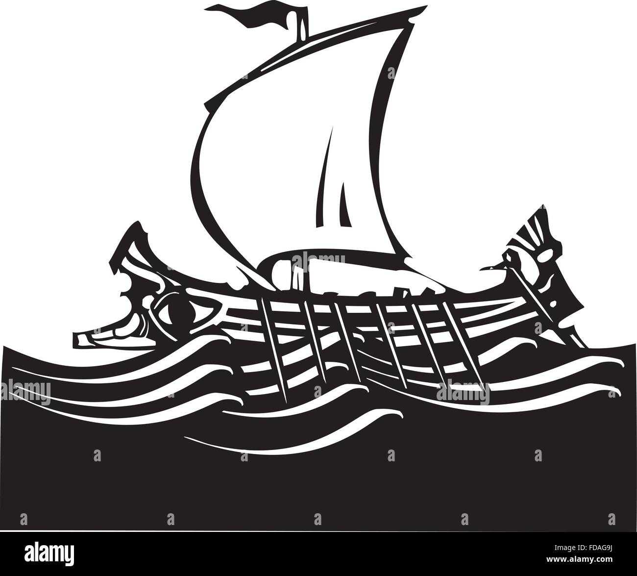 Woodcut style ancient Greek Galley with oars and sail at sea. Stock Vector