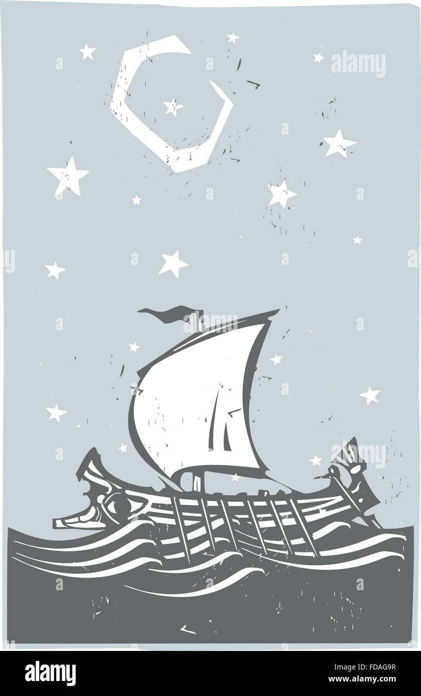 Woodcut style ancient Greek Galley with oars and sail at sea with stars and moon Stock Vector