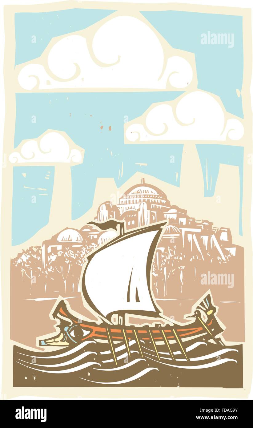 Woodcut style ancient Greek Galley with oars and sail at sea by the Hagia Sophia in Constantinople Stock Vector