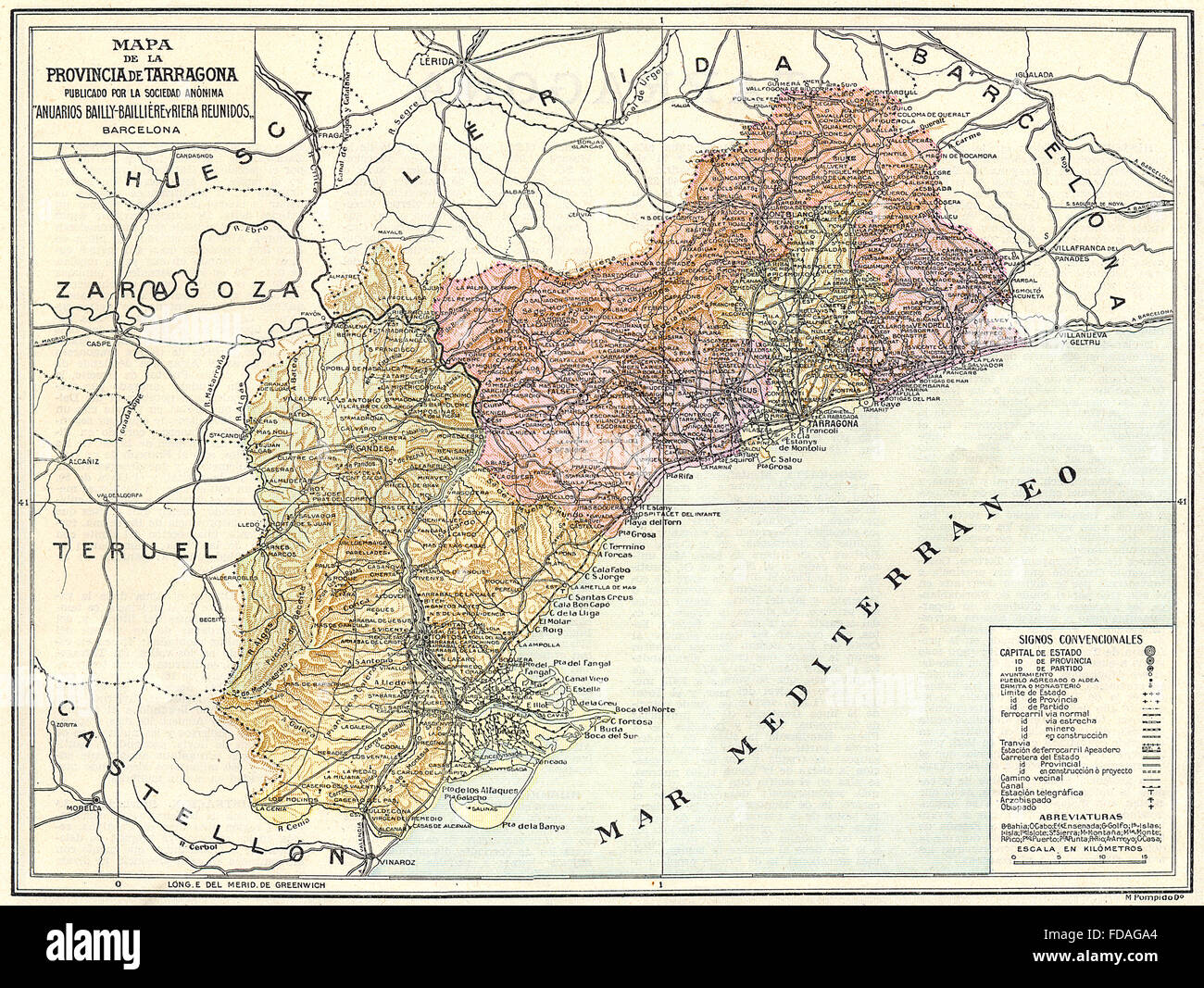 SPAIN: Mapa de la Provincia de Tarragona, 1913 Stock Photo