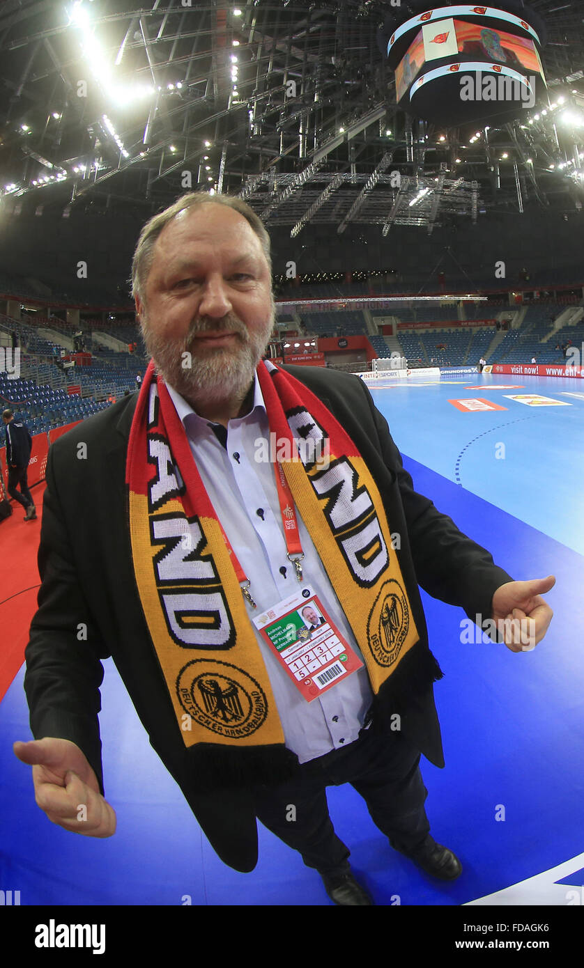 Krakow, Poland. 29th Jan, 2016. President of the German Handball Association (DHB), Andreas Michelmann, is seen prior to the 2016 Men's European Championship handball semi final between Norway and Germany at the Tauron Arena in Krakow, Poland, 29 January 2016. Photo: Jens Wolf /dpa/Alamy Live News Stock Photo