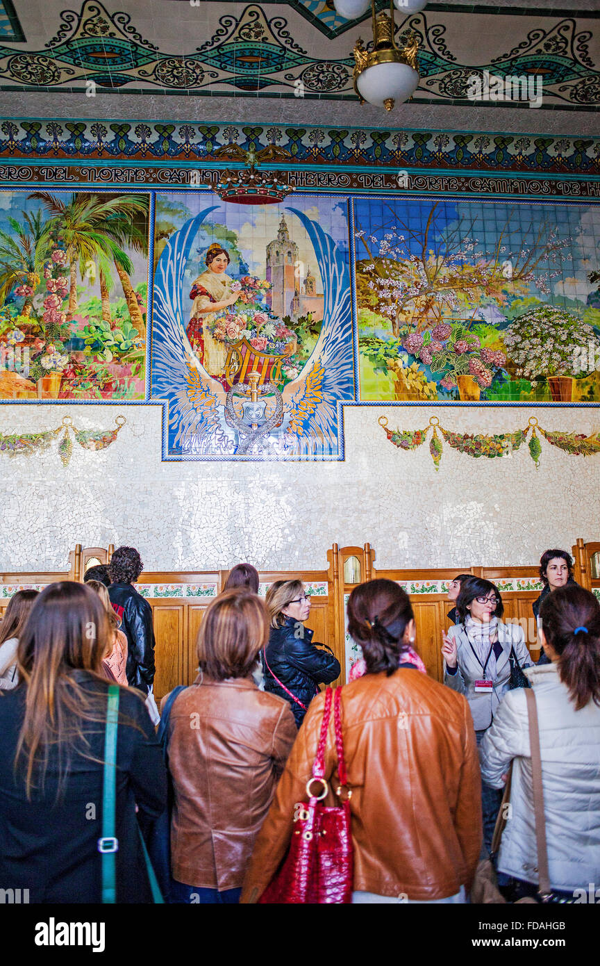 North Station Railway. It was built, in art nouveau style, between 1909 and 1917.Panels of azulejos (glazed tiles),Valencia, Spa Stock Photo