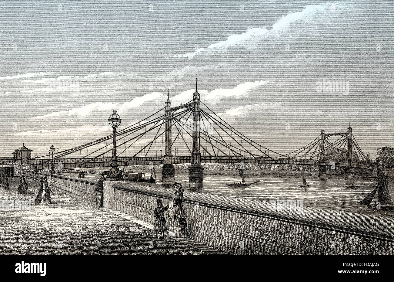 The Albert Bridge over the River Thames, 1880, West London, England Stock Photo