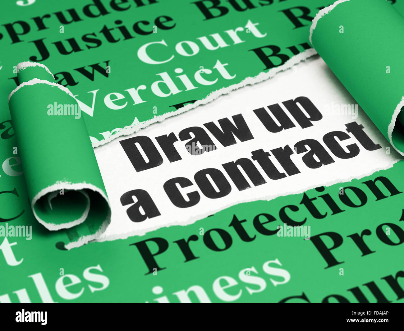 Law concept black text Draw up A contract under the piece of torn