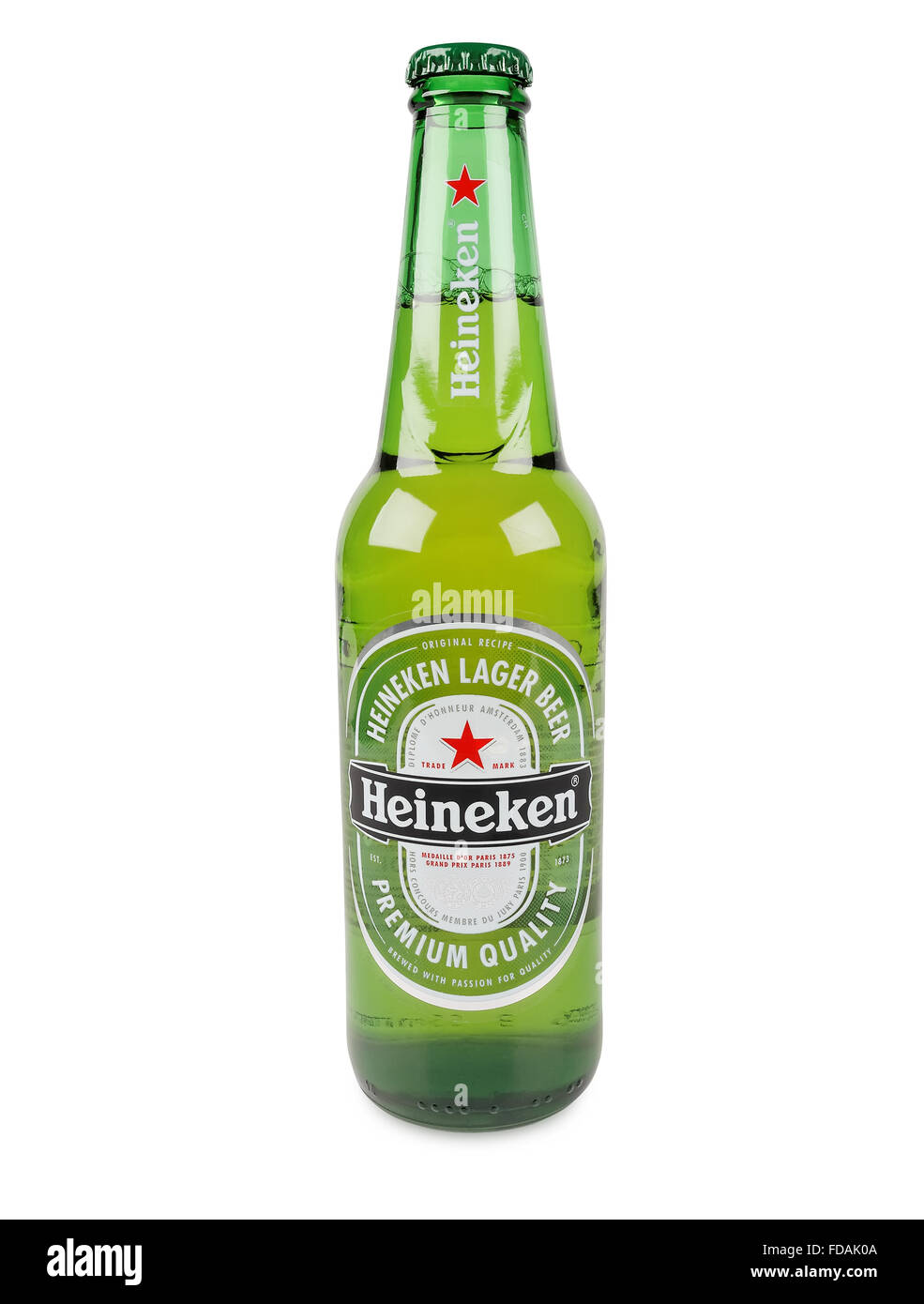 Bottle of Heineken Lager, Brewed in Amsterdam since 1864. Stock Photo