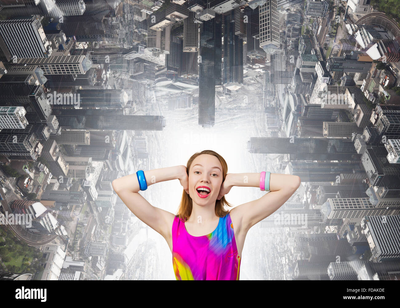 Young woman closing her ears with palms and enjoying the silence Stock ...