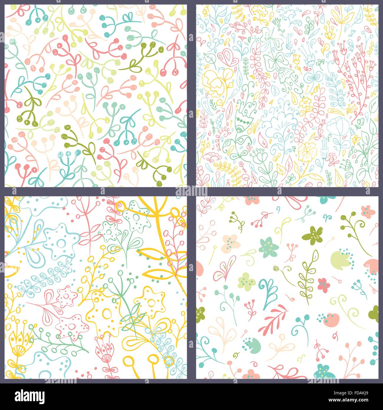 Set of seamless patterns with hand drawn flowers. Vintage background ...