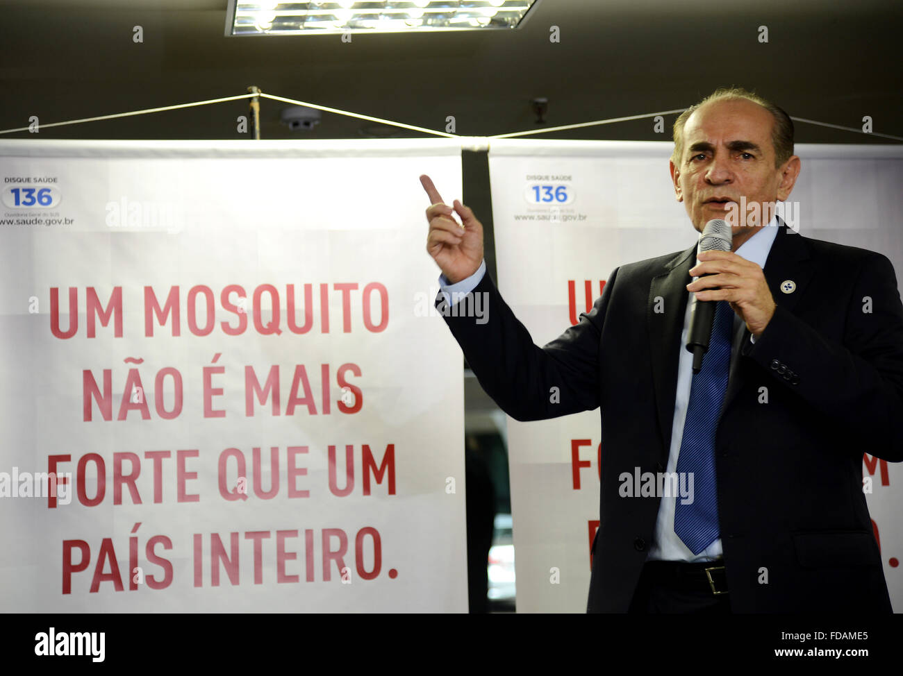 Brasilia, Brazil. 29th Jan, 2016. Brazil Health Minister Marcelo Castro unveils a public service campaign to combat the Zika virus outbreak during a news conference at the Ministry of Health Annex January 29, 2016 in Brasilia, Brazil. Global health officials have called the spread of the virus explosive. Credit:  Planetpix/Alamy Live News Stock Photo