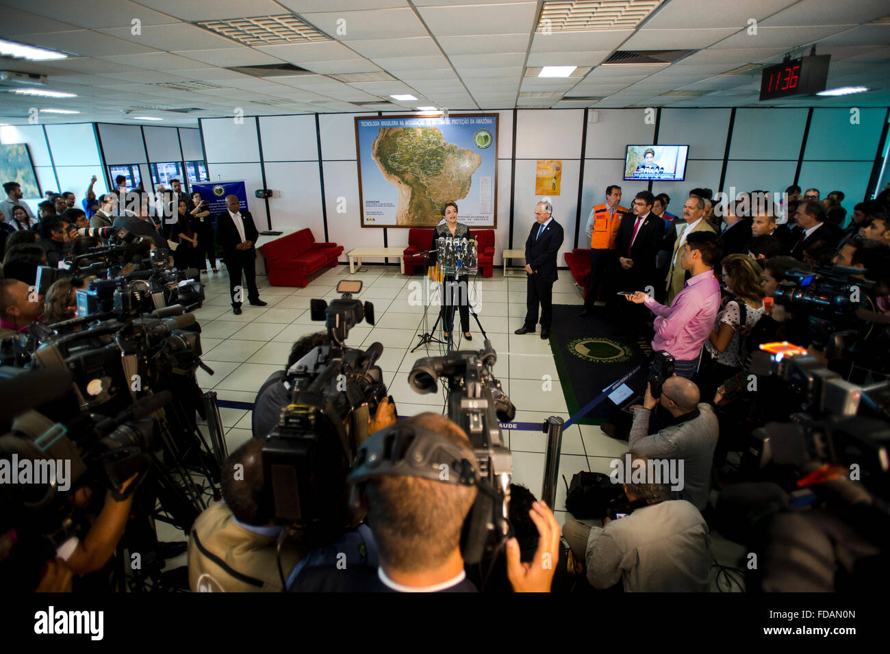 Brasilia, Brazil. 29th Jan, 2016. Brazil President Dilma Rousseff holds a news conference on combating the Zika virus outbreak at the National Center for Risk and Disaster Management January 29, 2016 in Brasilia, Brazil. Rousseff called on Brazilian to help combat the spread of the Zika virus, which has been linked to birth defects. Stock Photo