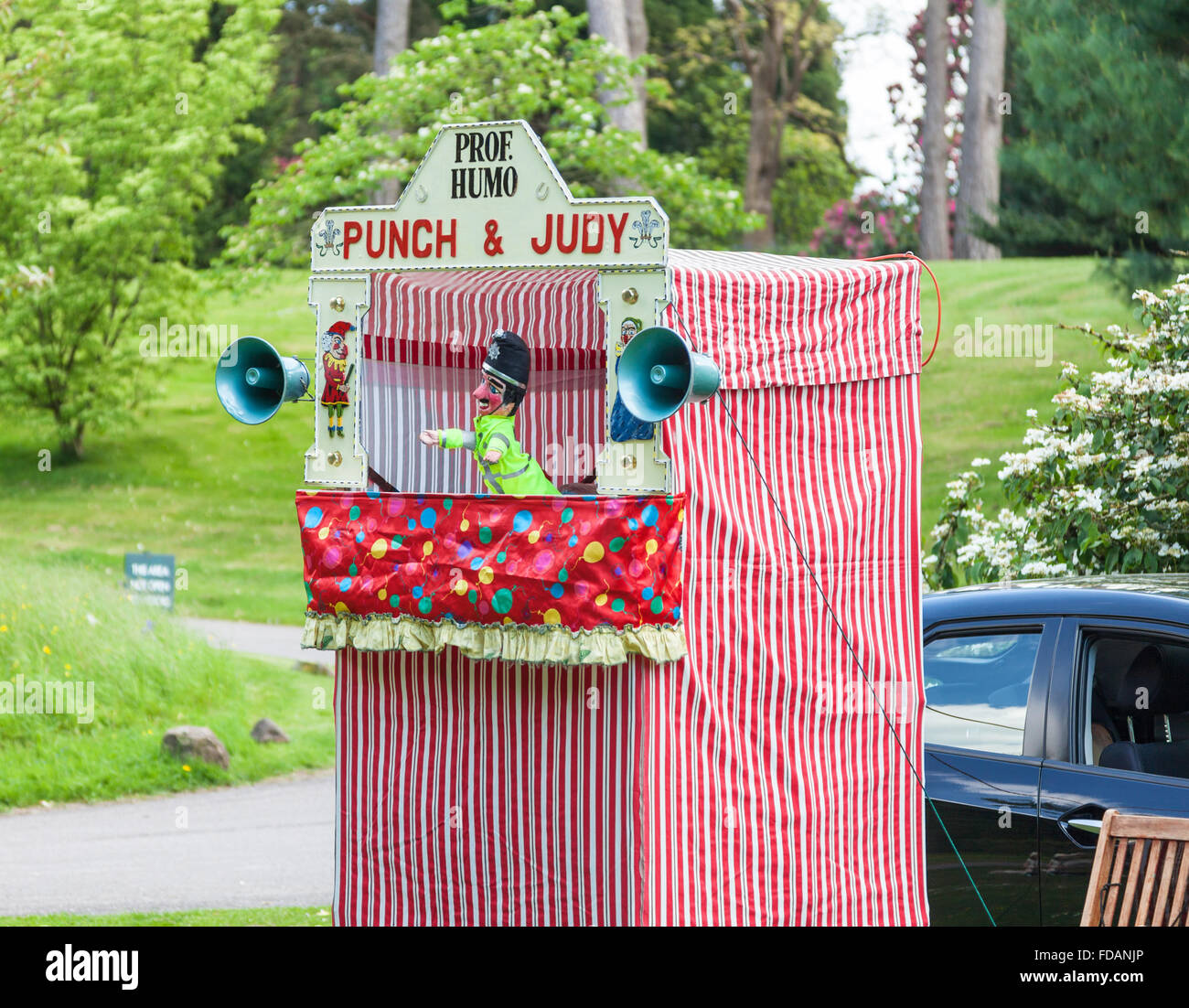 A traditional Punch and Judy puppet show booth with the Policeman Stock Photo