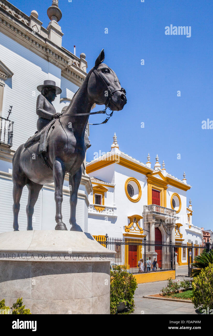 Spain, Andalusia, Province of Seville, Seville, Plaza de Torros, equestrian statue of La Augusta Senora Condesa de Barcelona Stock Photo