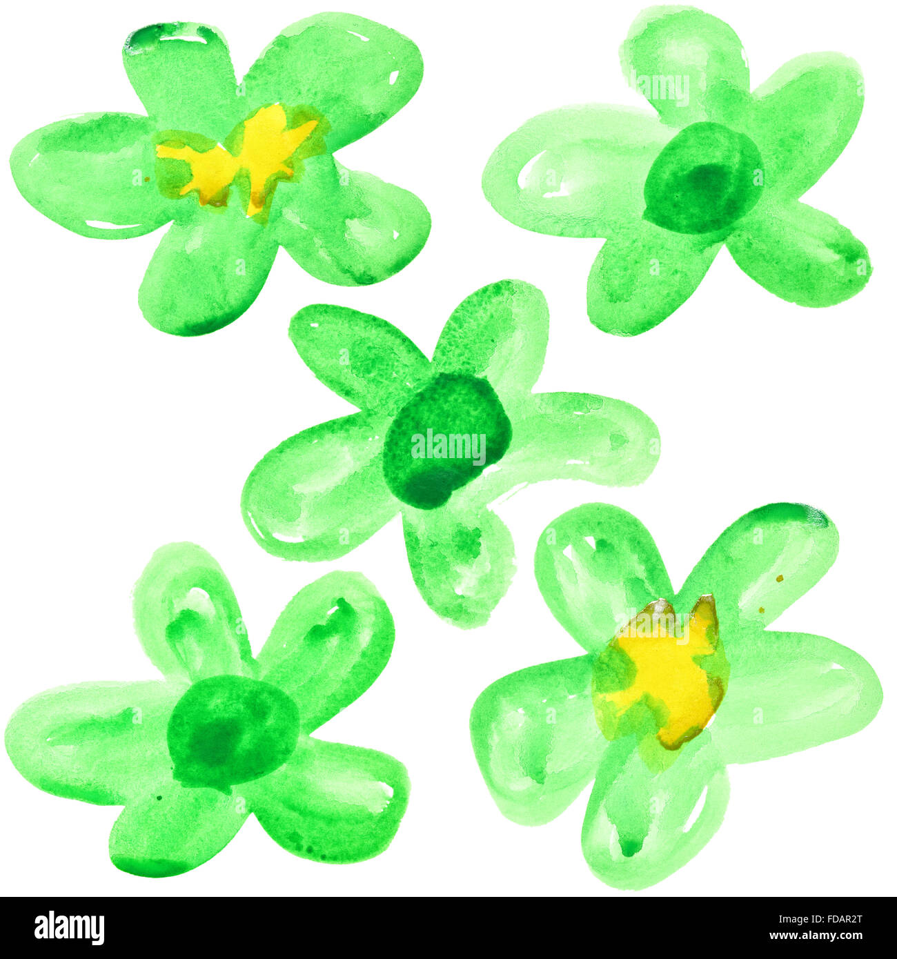 Set of green watercolor flowers isolated over the white background