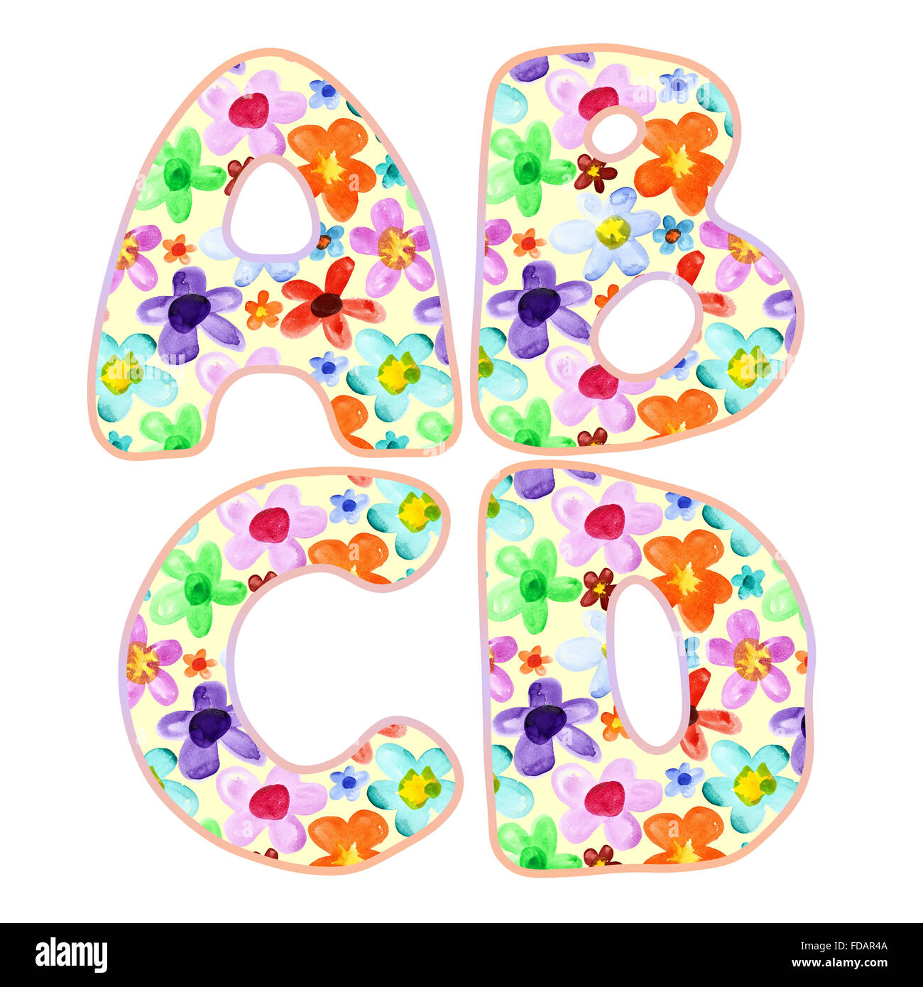 Alphabet with colorful watercolor flower pattern. Letters A, B, C, D Stock Photo