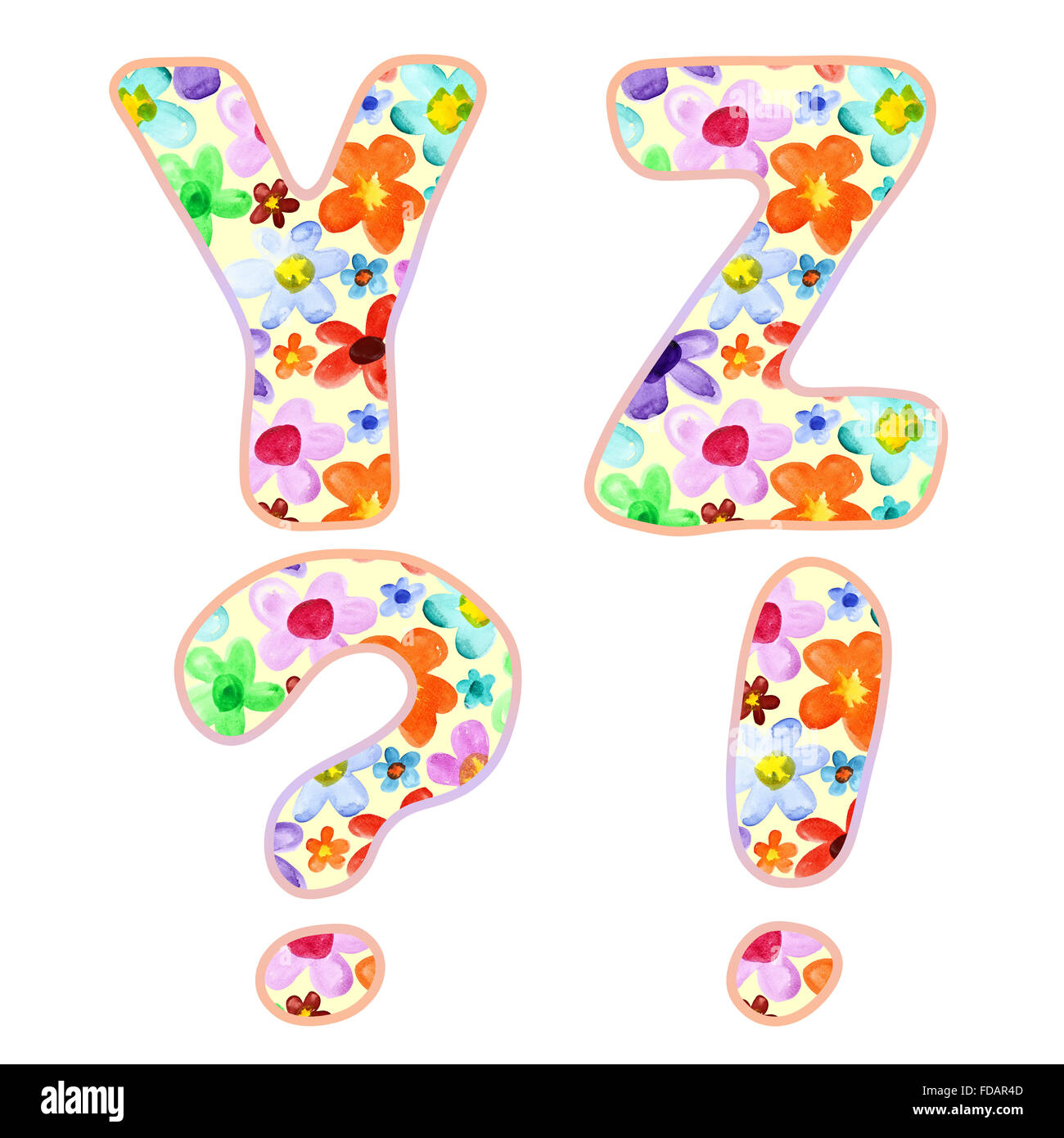 Alphabet with colorful watercolor flower pattern. Letters Y, Z and marks Stock Photo