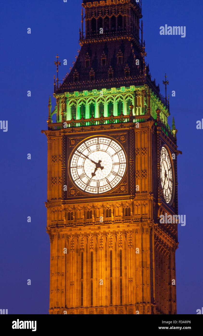 Big Ben clock face Elizabeth Tower at night twilight dusk Houses of Parliament Palace of Westminster London England UK Stock Photo