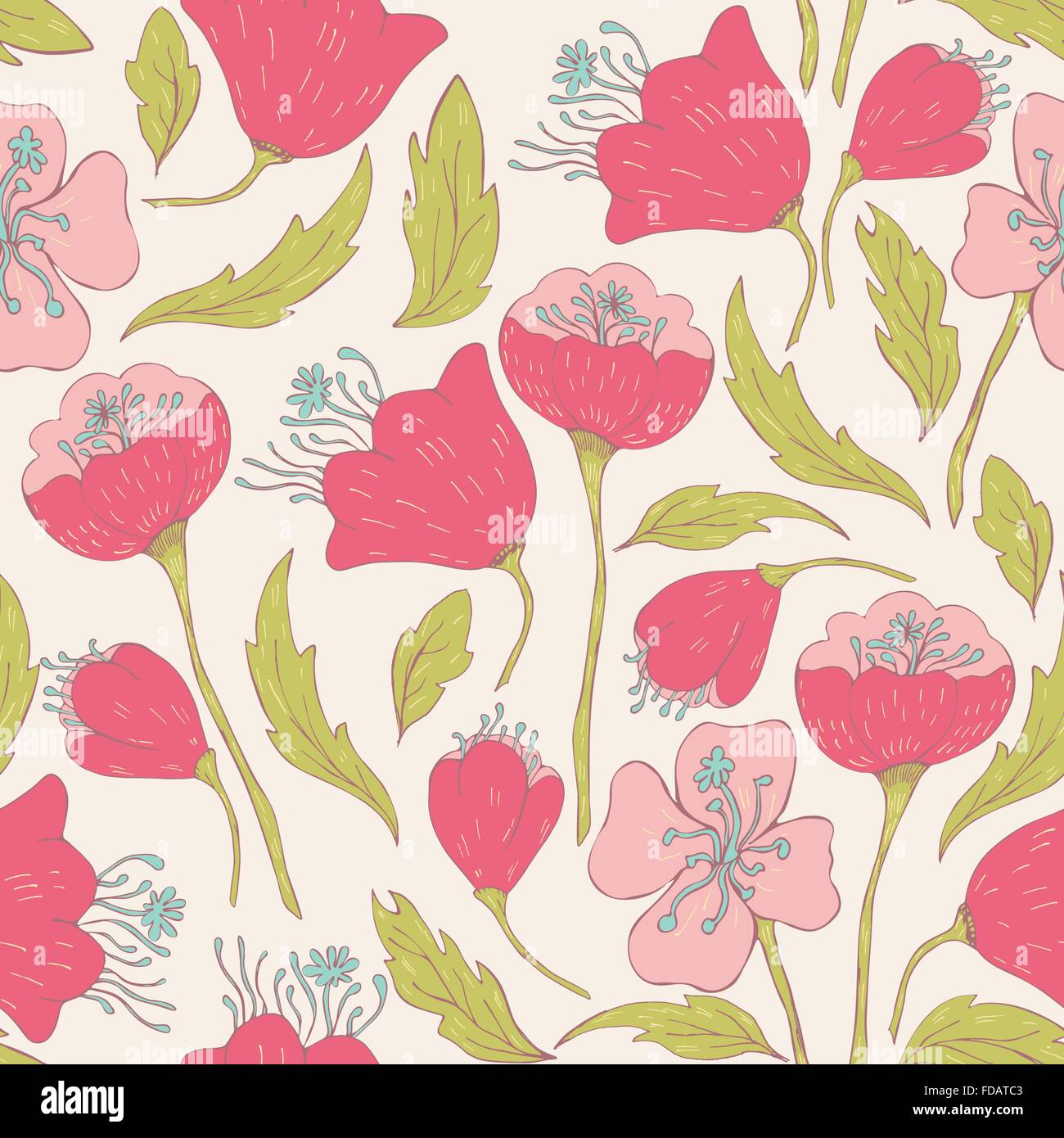 Seamless pattern with hand drawn doodle flowers. Hand drawn design for ...